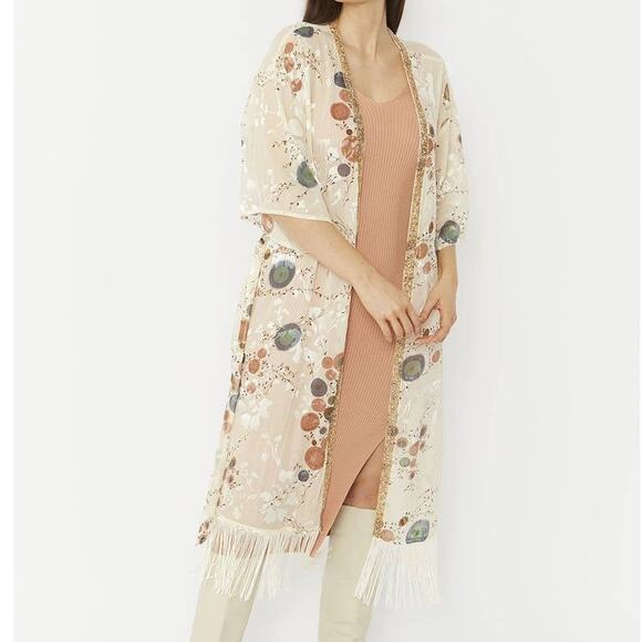Jayley Cream Silk Blend Luxury Kimono with Tassel Detail in Ivory - Picture 1 of 8